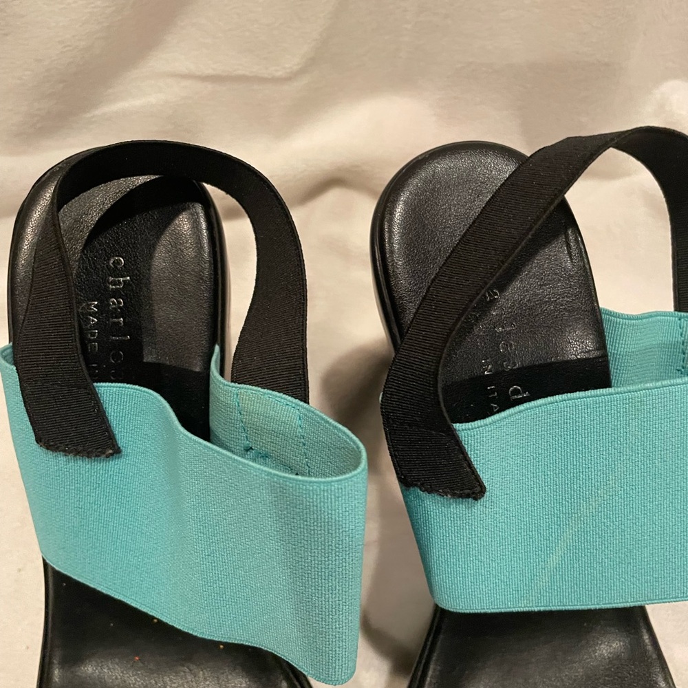 Charles David Black Platform Wedges With Teal Str… - image 2